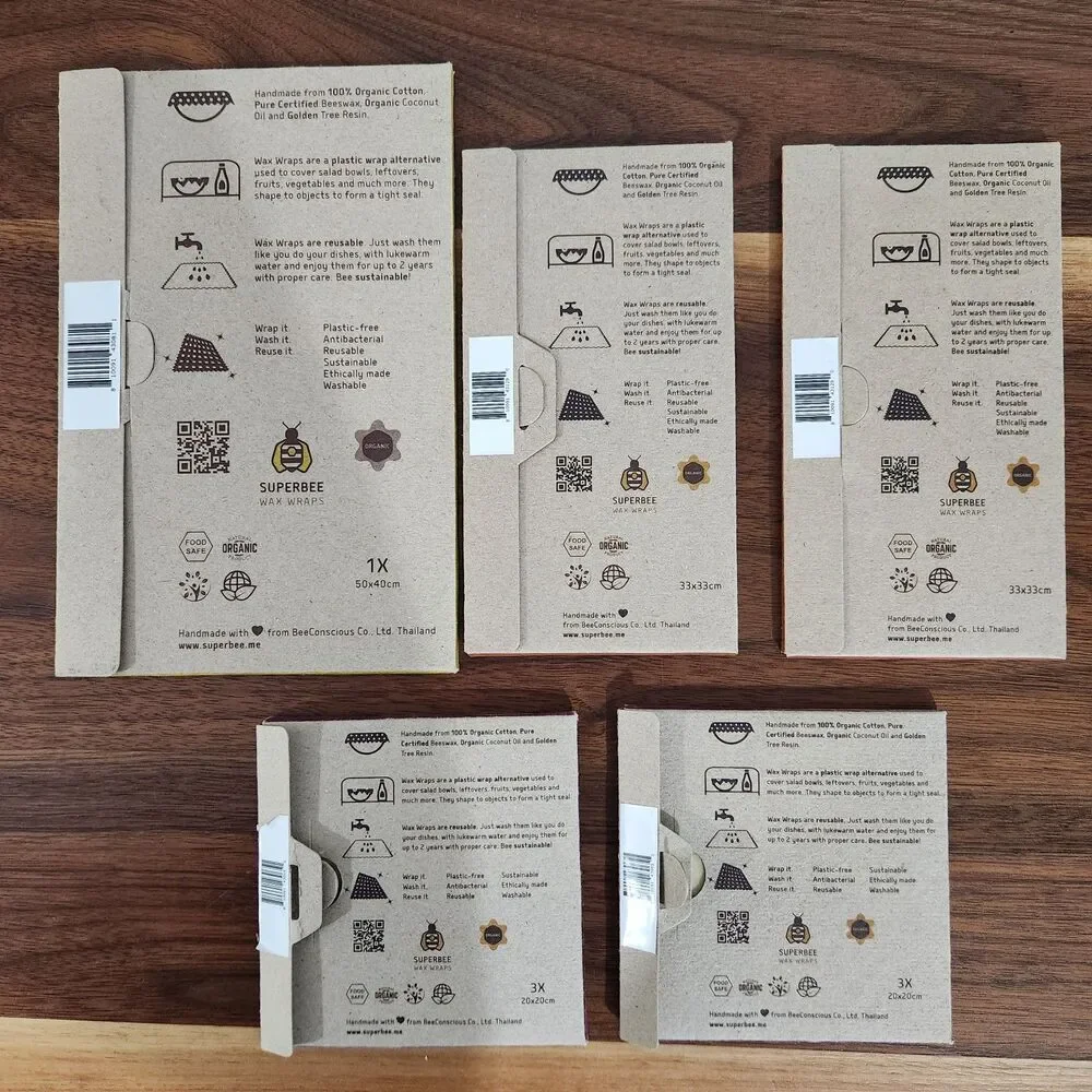 Superbee Beeswax Wraps Lot of 5 Reusable Sustainable Food Wraps Various Sizes
